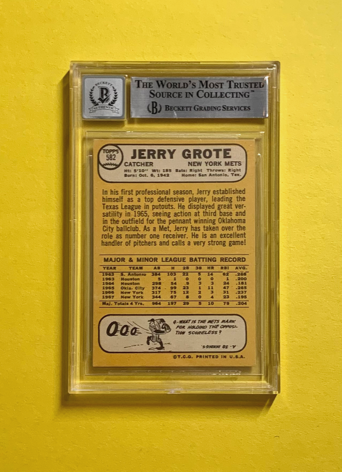 1968 TOPPS JERRY GROTE #582 SIGNED CARD BECKETT AUTH. AUTO 10 METS