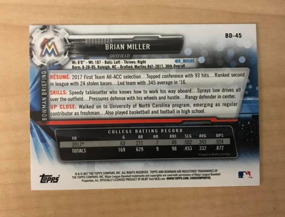 BRIAN MILLER MIAMI MARLINS SIGNED AUTOGRAPHED 2017 BOWMAN CARD #BD-45 W/COA 
