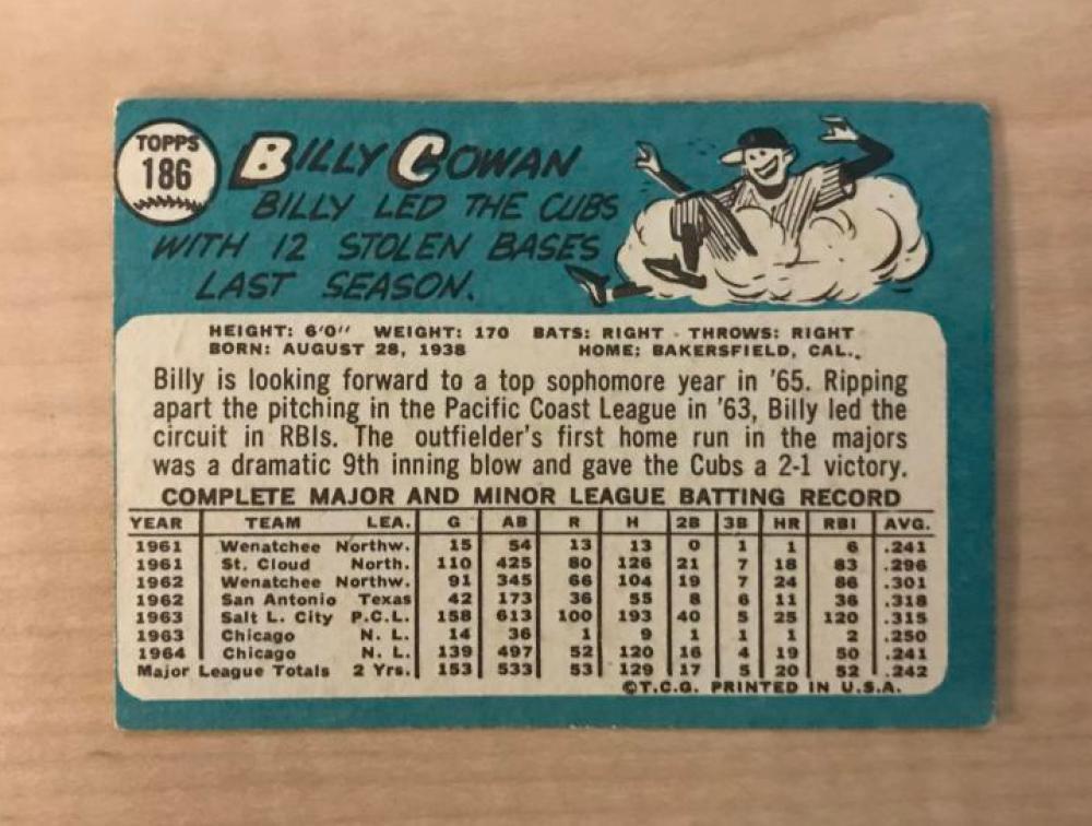 BILLY COWAN CHICAGO CUBS VINTAGE SIGNED 1965 TOPPS CARD #186 W/COA