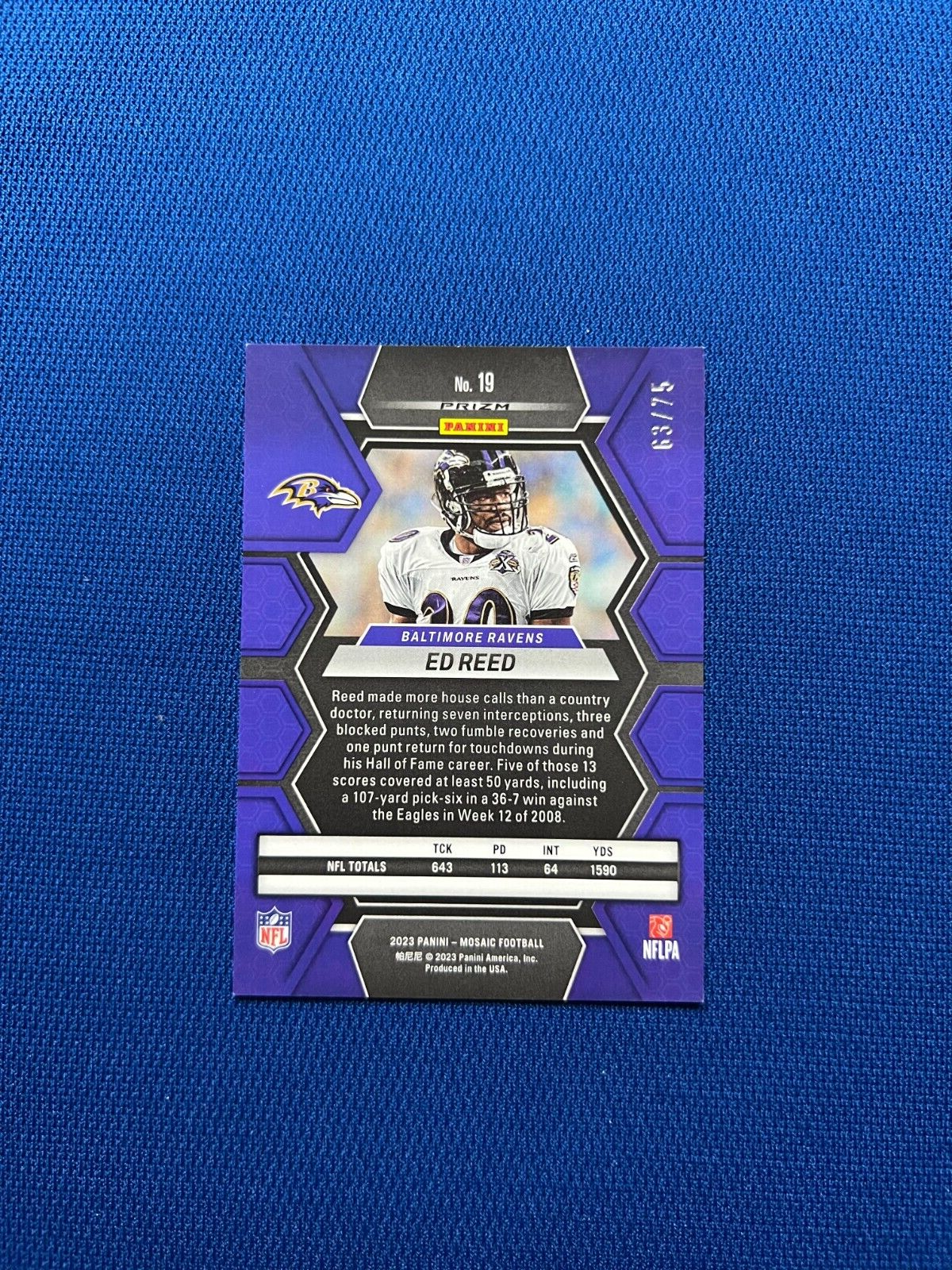2023 PANINI MOSAIC ED REED BALTIMORE RAVENS BLUE DISCO SPARKLE /75 #19