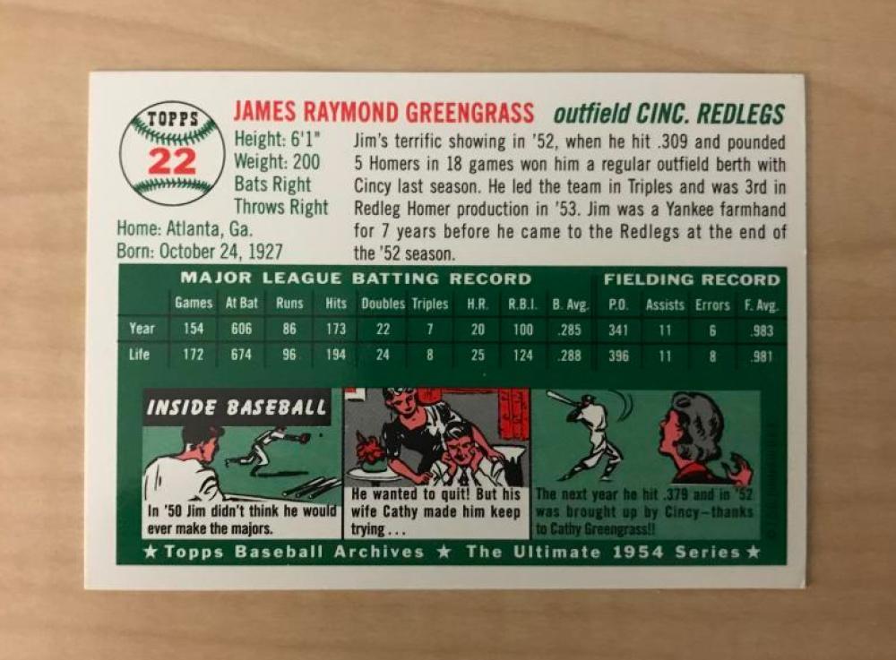 JIM GREENGRASS CINCINNATI REDLEGS AUTOGRAPHED TOPPS ARCHIVES CARD #22 W/COA