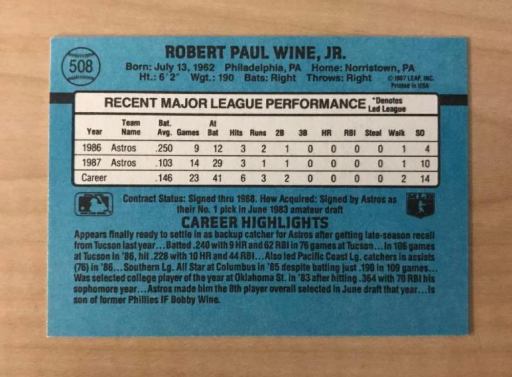 ROBBIE WINE HOUSTON ASTROS SIGNED AUTOGRAPHED 1988 DONRUSS CARD #508 W/COA 