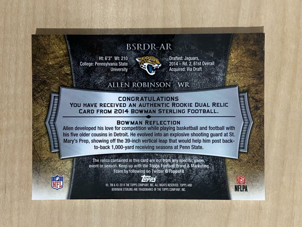 ALLEN ROBINSON JACKSONVILLE JAGUARS 2014 BOWMAN PATCH CARD #BSRDR-AR