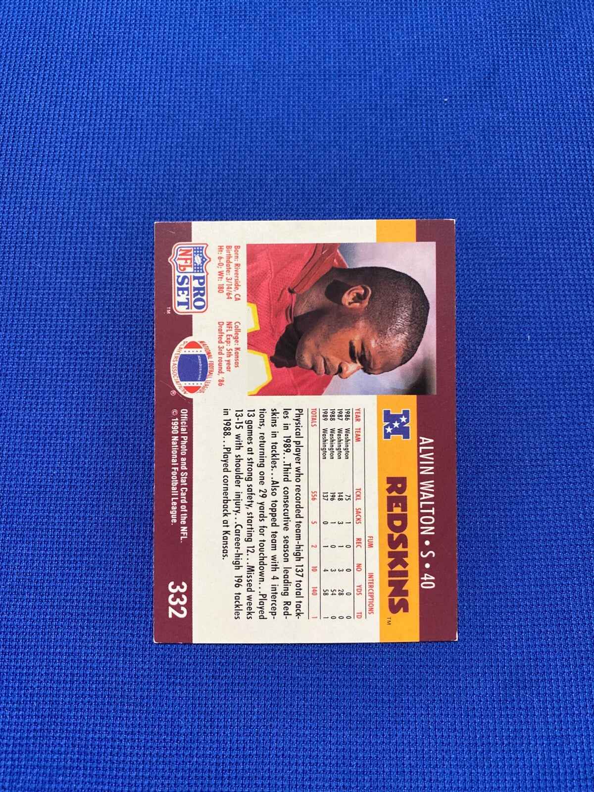 1990 PRO SET ALVIN WALTON REDSKINS SIGNED AUTOGRAPH AUTO CARD #332 W/COA