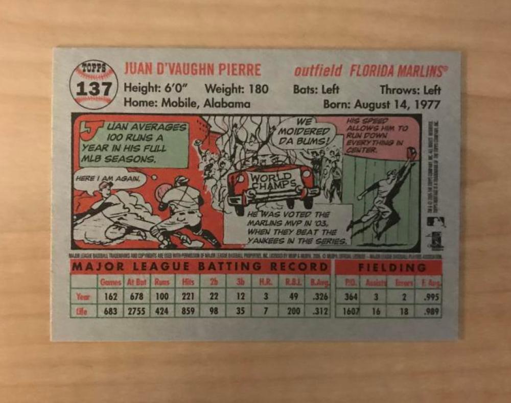 JUAN PIERRE FLORIDA MARLINS SIGNED 2005 TOPPS HERITAGE CARD #137 W/COA