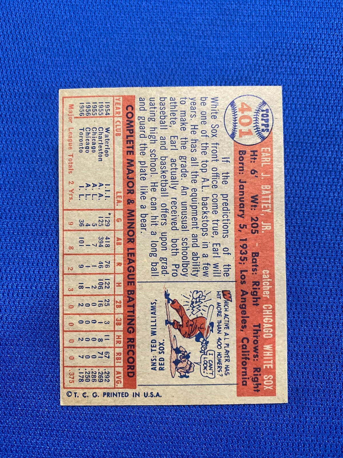 1957 TOPPS EARL BATTEY CHICAGO WHITE SOX #401 CARD VINTAGE SET-BREAK