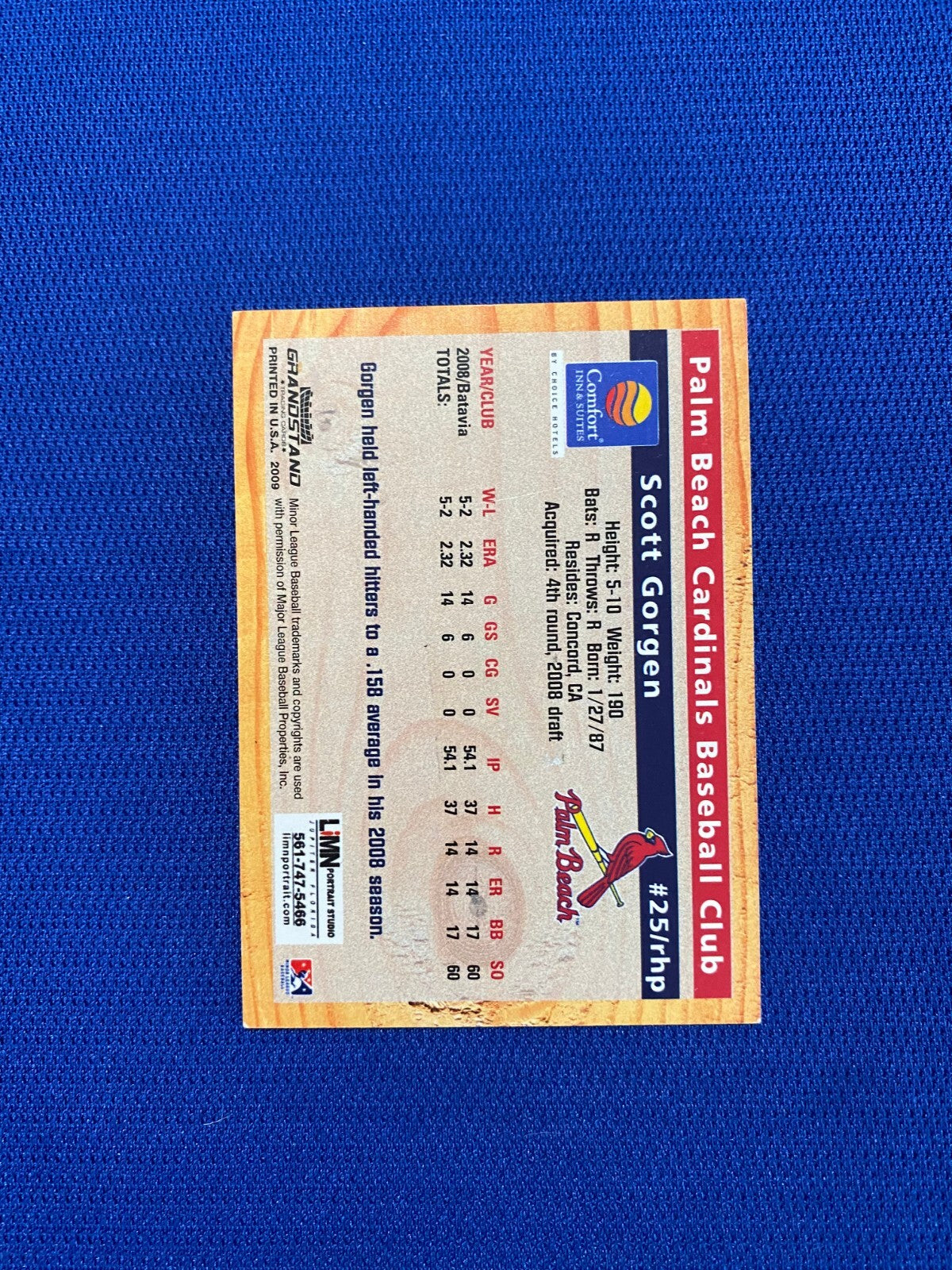 2009 GRANDSTAND SCOTT GORGEN PALM BEACH CARDINALS SIGNED MINOR LEAGUE CARD W/COA