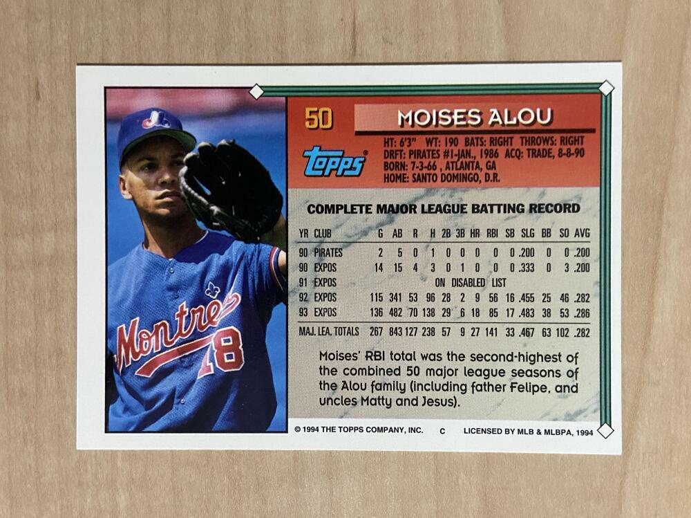 MOISES ALOU MONTREAL EXPOS SIGNED AUTOGRAPHED 1994 TOPPS CARD #50 W/COA