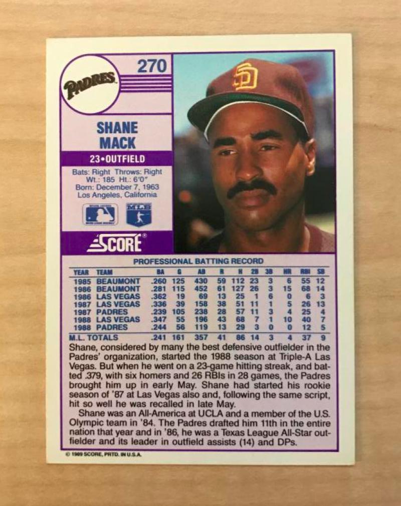 SHANE MACK SAN DIEGO PADRES SIGNED AUTOGRAPHED 1989 SCORE CARD #270 W/COA W/COA 
