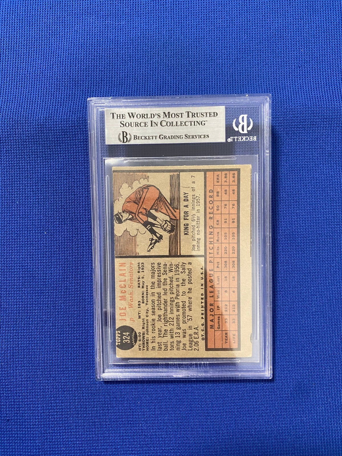 1962 TOPPS JOE MCCLAIN SENATORS SIGNED AUTOGRAPHED AUTO CARD #324 BECKETT AUTH