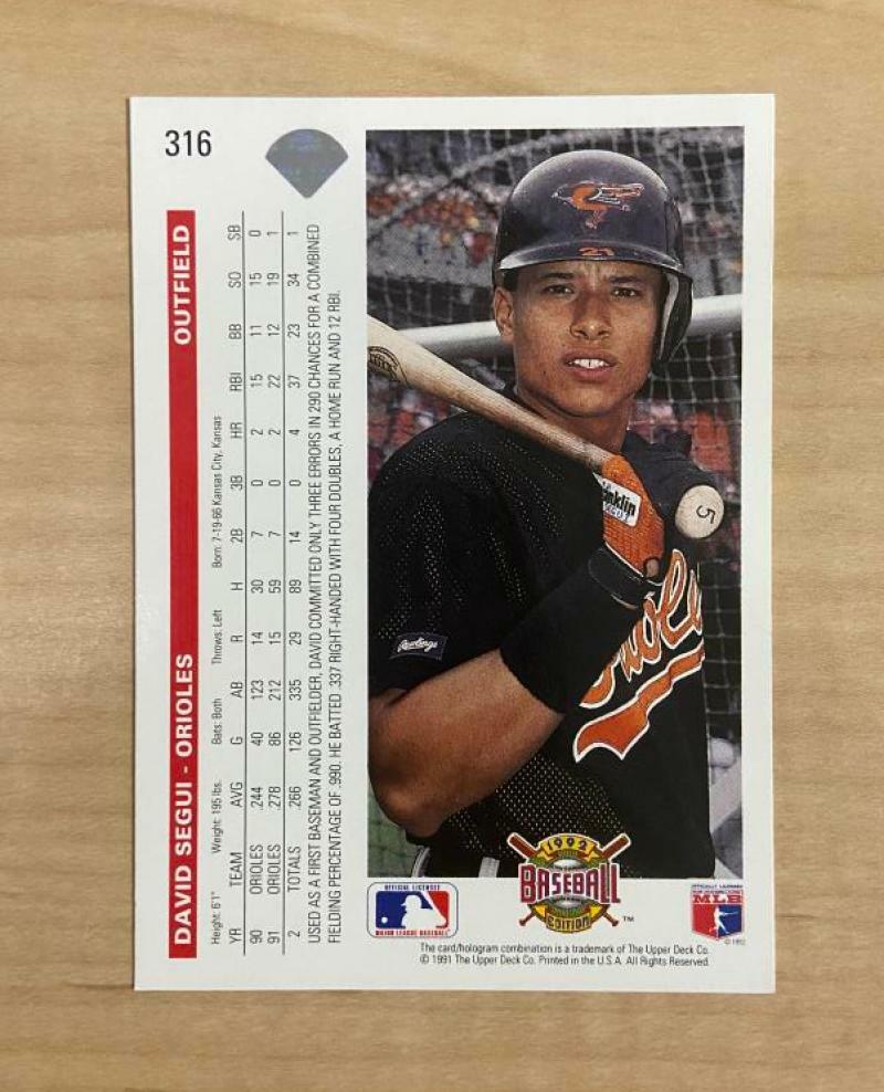 DAVID SEGUI BALTIMORE ORIOLES SIGNED AUTOGRAPHED 1992 UPPER DECK CARD #316 W/COA