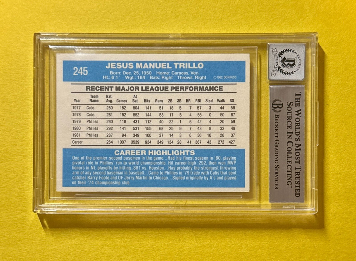1982 DONRUSS MANNY TRILLO #245 SIGNED AUTO CARD BECKETT AUTHENTIC 10 PHILLIES