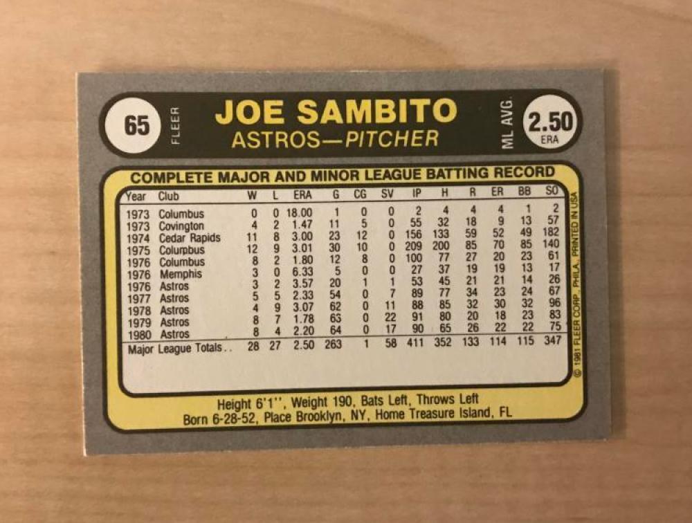 JOE SAMBITO HOUSTON ASTROS SIGNED AUTOGRAPHED 1981 FLEER CARD #65 W/COA