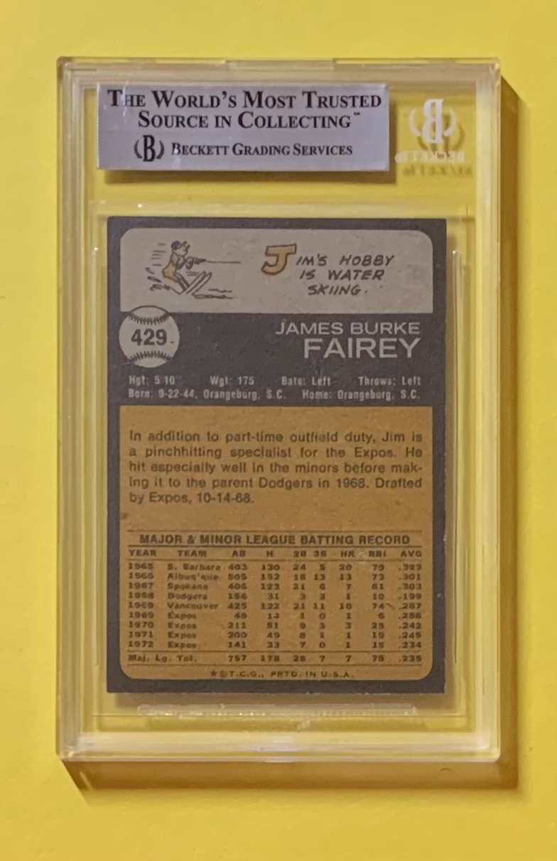 1973 TOPPS JIM FAIREY #429 AUTHENTIC AUTO BECKETT CERTIFIED EXPOS