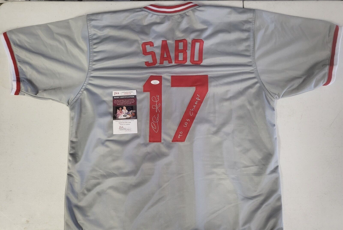 CHRIS SABO #17 CINCINNATI REDS 90 WS CHAMPS SIGNED GRAY CUSTOM JERSEY XL JSA COA
