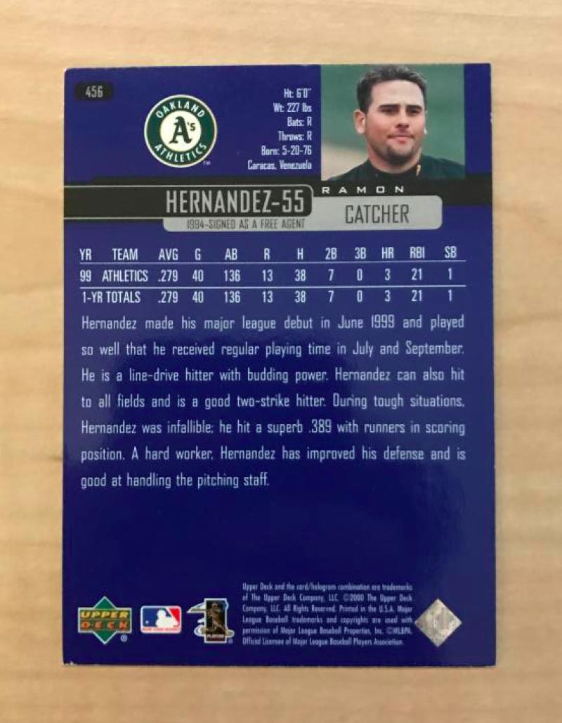 RAMON HERNANDEZ OAKLAND ATHLETICS SIGNED AUTOGRAPHED 2000 UPPER DECK #456 W/COA