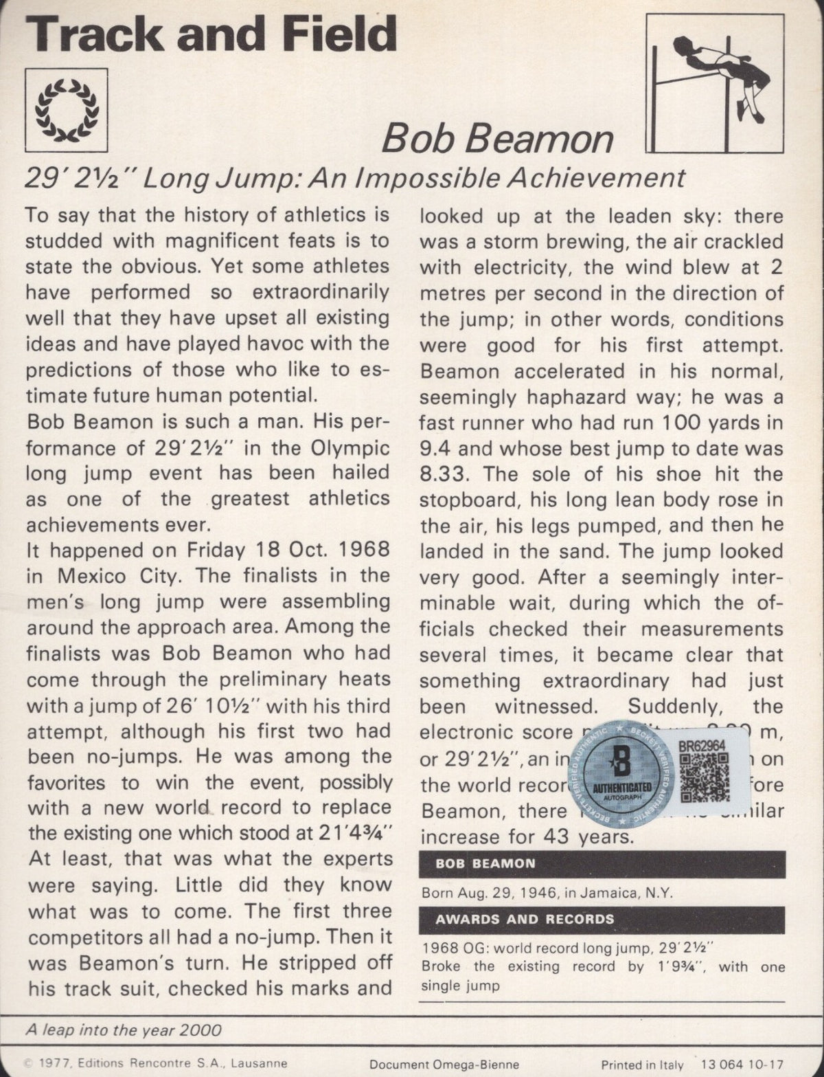BOB BEAMON 1968 GOLD SIGNED TRACK AND FIELD SPORTSCASTER CARD BECKETT