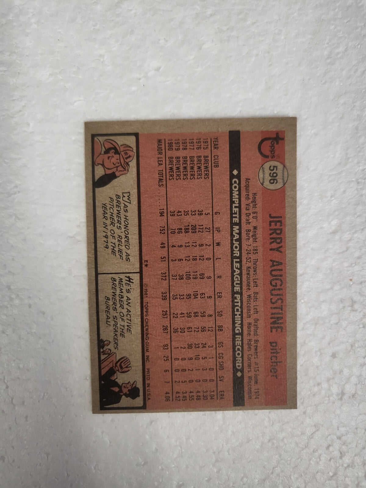 1981 TOPPS JERRY AUGUSTINE MILWAUKEE BREWERS SIGNED AUTO CARD #596 W/COA