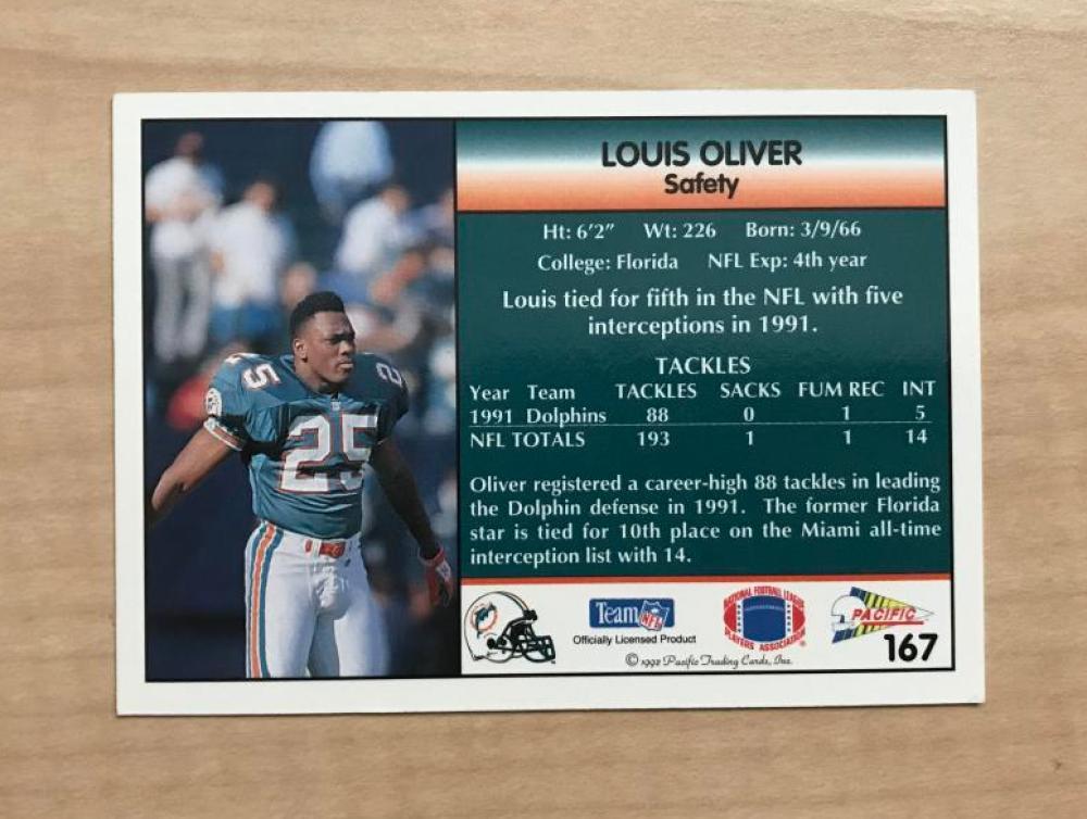 LOUIS OLIVER MIAMI DOLPHINS SIGNED AUTOGRAPHED 1992 PACIFIC CARD #167 W/COA