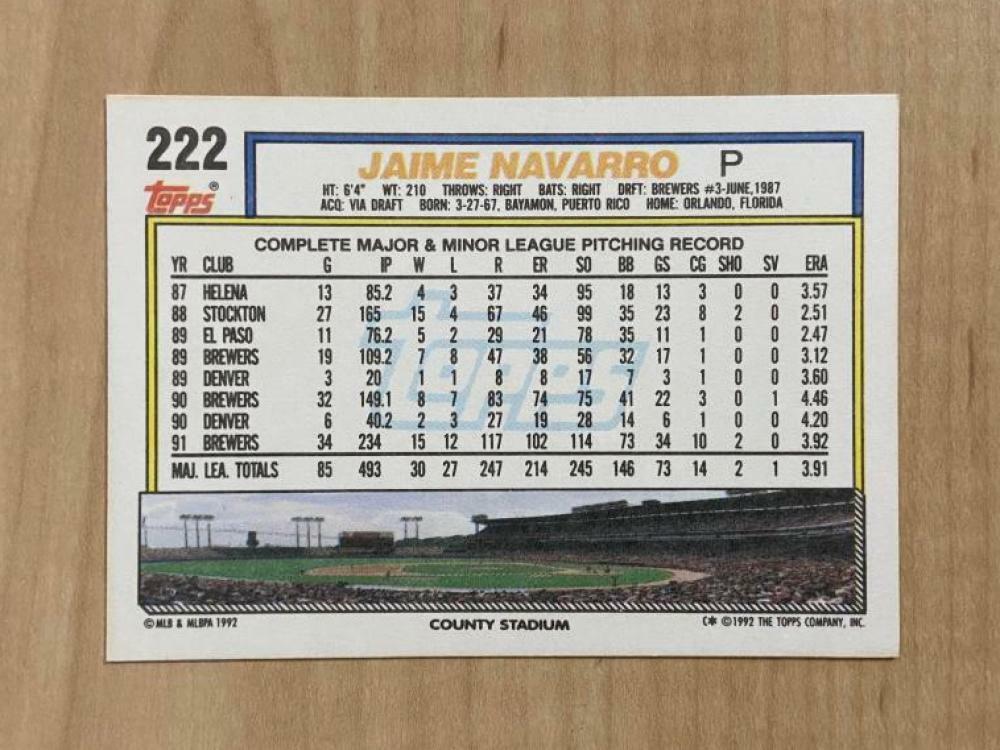 JAMIE NAVARRO MILWAUKEE BREWERS SIGNED AUTOGRAPHED 1992 TOPPS CARD #222 W/COA