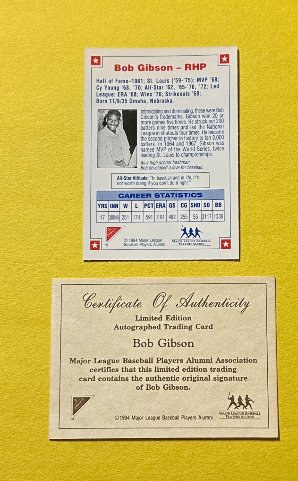 1994 NABISCO ALL-STAR LEGENDS BOB GIBSON AUTO COA HOF