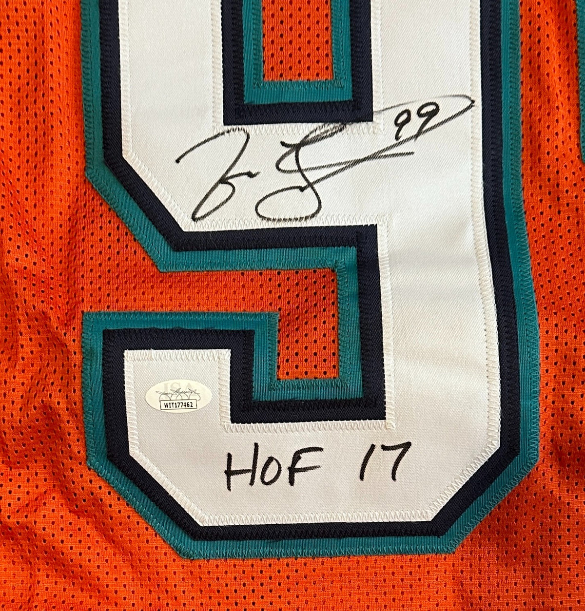 JASON TAYLOR DOLPHINS SIGNED AUTOGRAPHED ORANGE "HOF 17" CUSTOM JERSEY SZ XL JSA