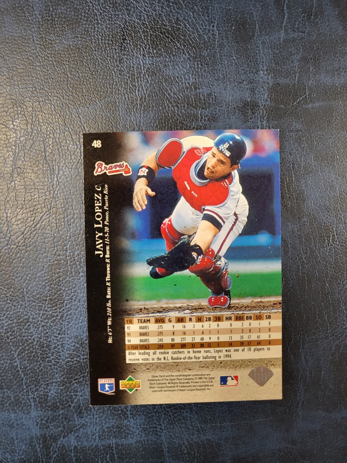 1995 UPPER DECK JAVY LOPEZ ATLANTA BRAVES SIGNED AUTOGRAPHED CARD #48 W/COA