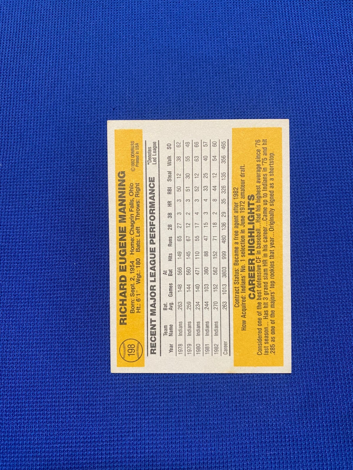 1983 DONRUSS RICK MANNING CLEVELAND INDIANS SIGNED AUTOGRAPHED CARD #198 W/COA