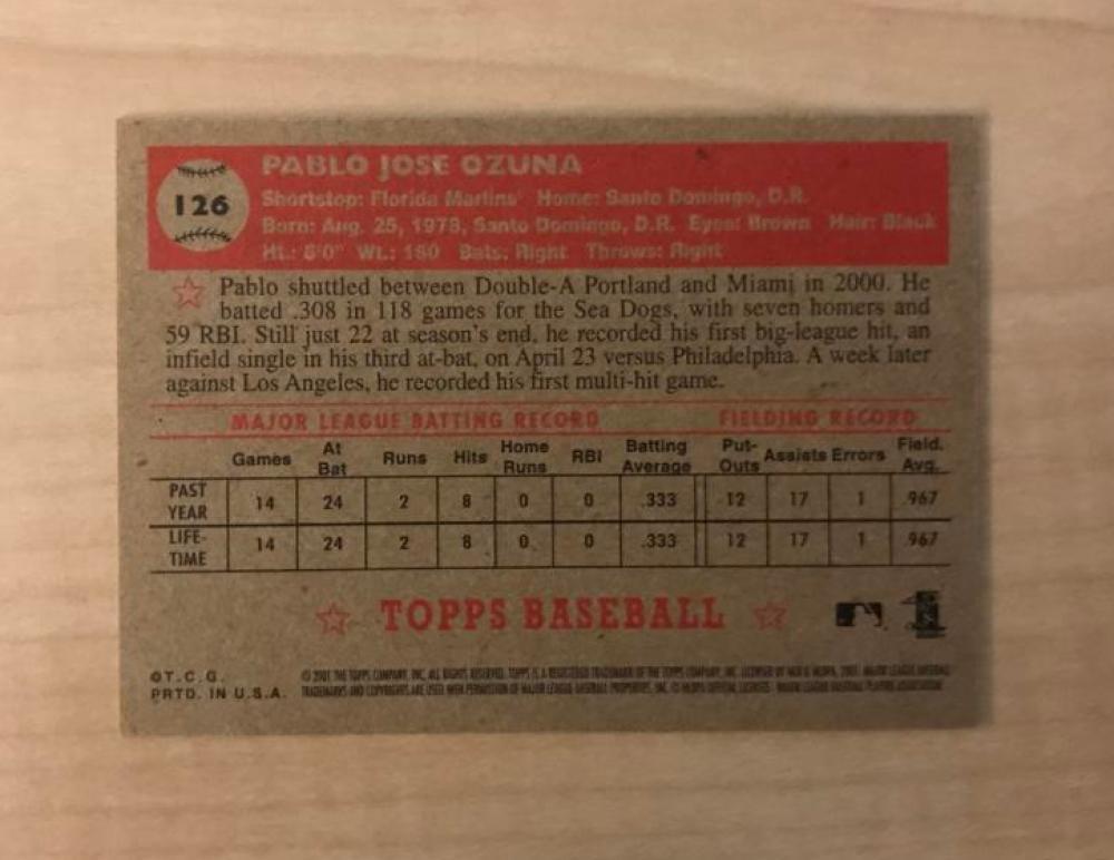 PABLO OZUNA FLORIDA MARLINS SIGNED 2001 TOPPS HERITAGE CARD #126 W/COA