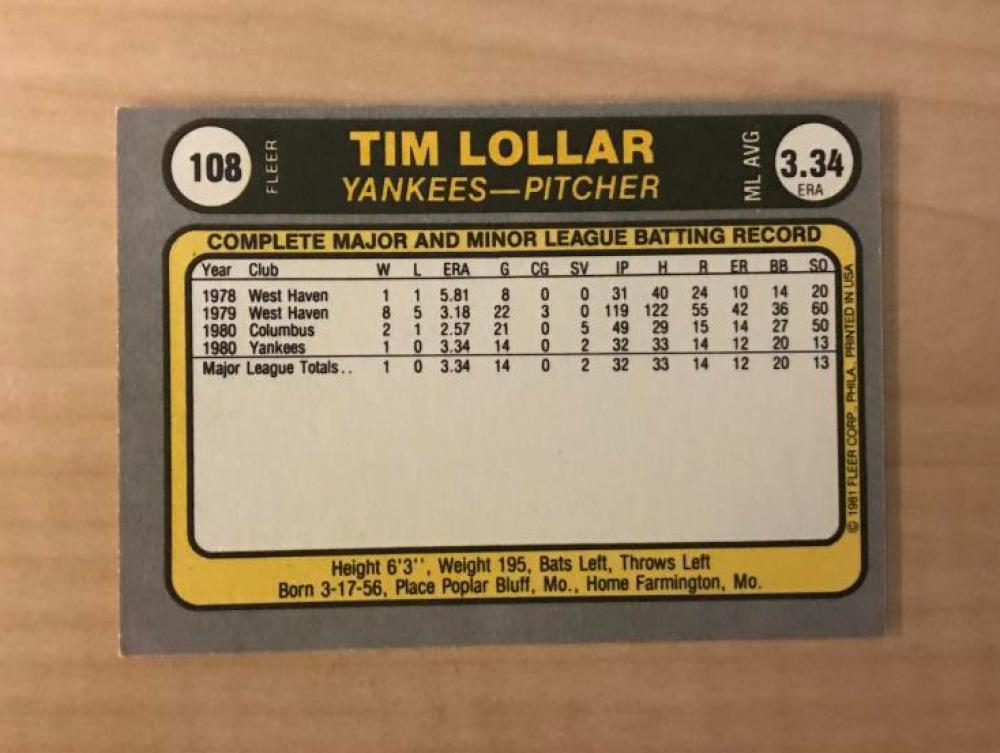 TIM LOLLAR NEW YORK YANKEES SIGNED AUTOGRAPHED 1981 FLEER CARD #108 W/COA