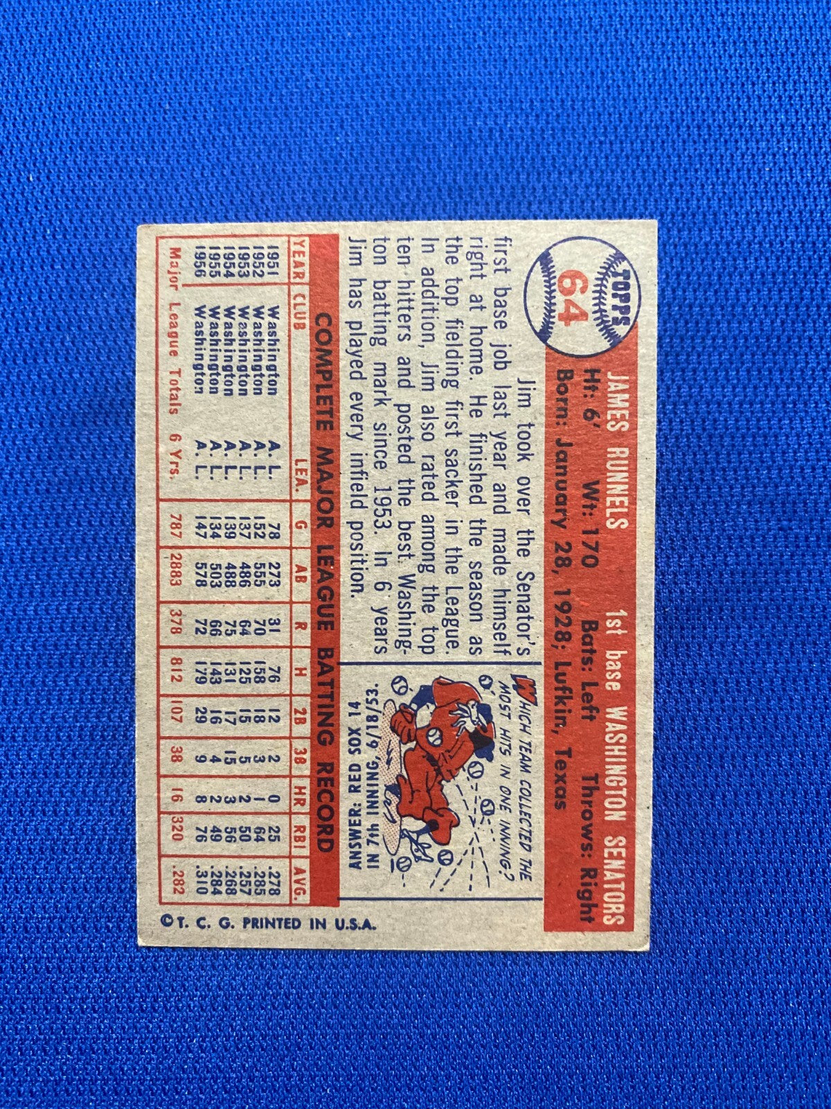 1957 TOPPS PETE RUNNELS WASHINGTON SENATORS #64 CARD VINTAGE SET-BREAK