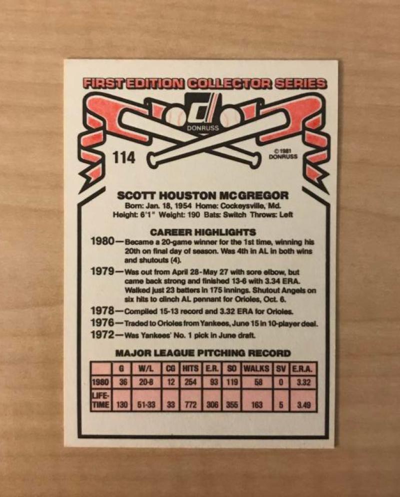 SCOTT MCGREGOR BALTIMORE ORIOLES SIGNED AUTOGRAPHED 1981 DONRUSS CARD #114 W/COA