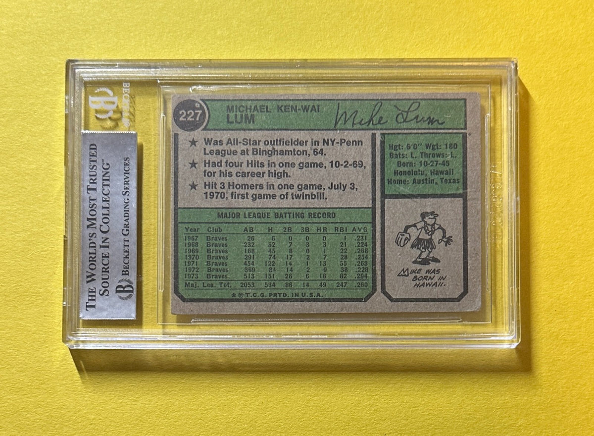 1974 TOPPS MIKE LUM #227 AUTHENTIC AUTO BECKETT CERTIFIED BRAVES