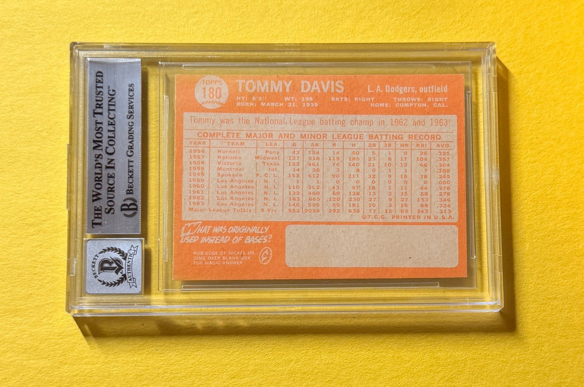 1964 TOPPS TOMMY DAVIS #180 SIGNED AUTO CARD BECKETT 10 AUTHENTIC DODGERS