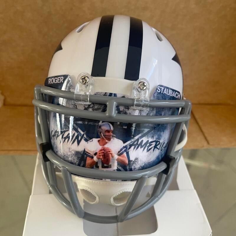 ROGER STAUBACH COWBOYS CAP AMERICA VISOR RARE SIGNED AUTO MINI HELMET BECKETT AU