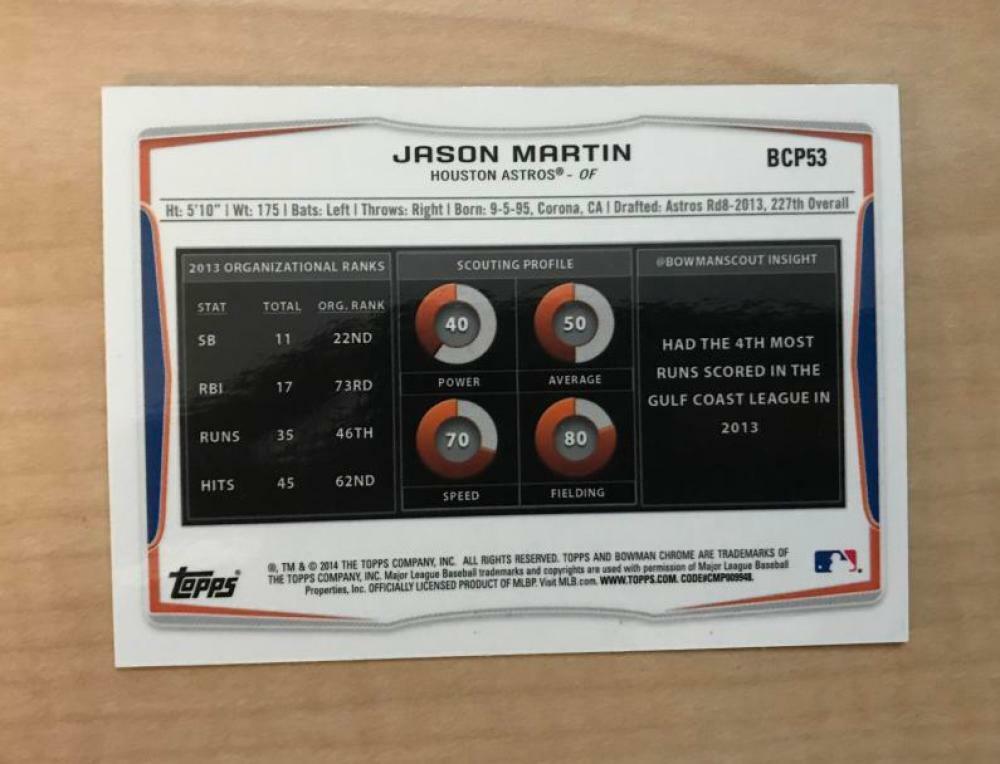 JASON MARTIN HOUSTON ASTROS SIGNED 2014 BOWMAN CHROME CARD #BCP53 W/COA