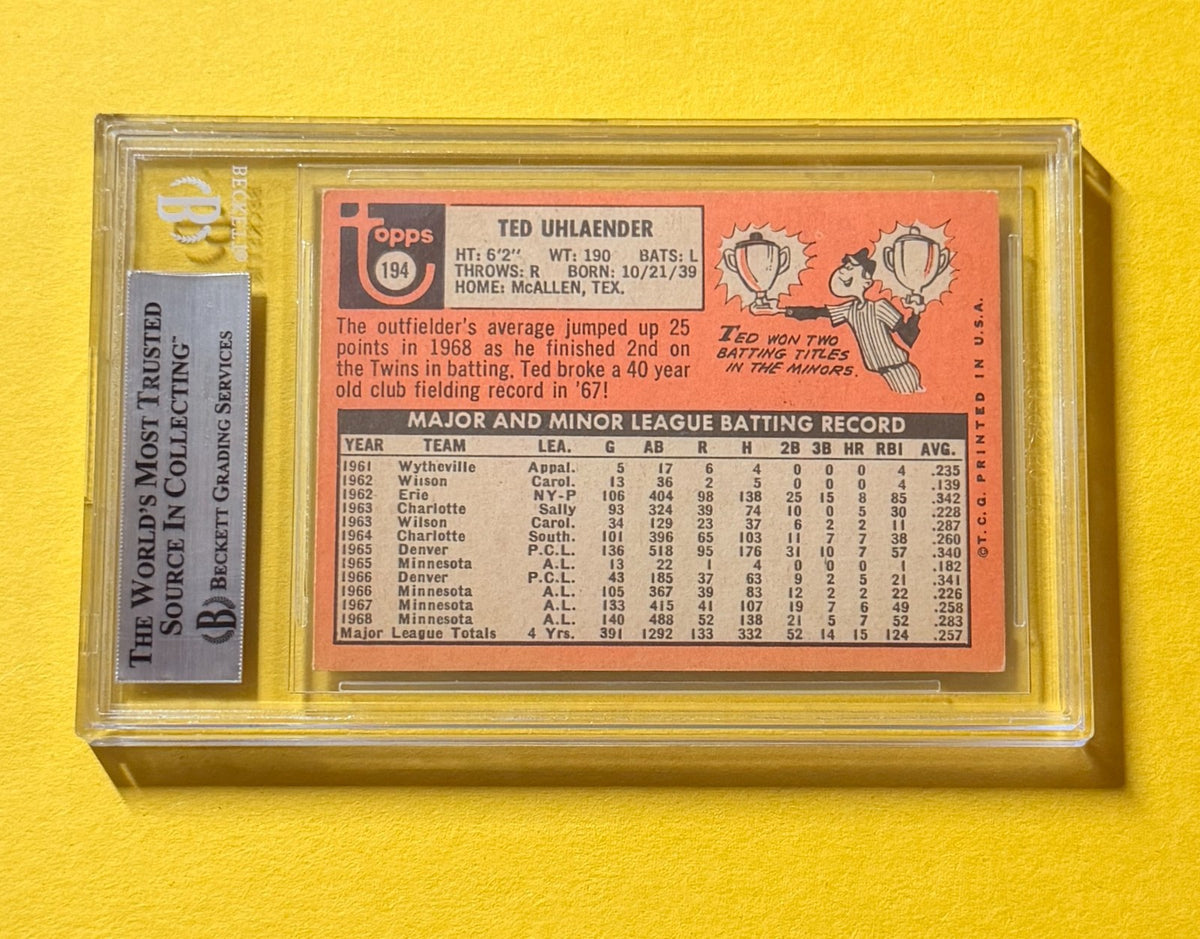 1969 TOPPS TED UHLAENDER #194 SIGNED AUTO CARD BECKETT AUTHENTIC TWINS