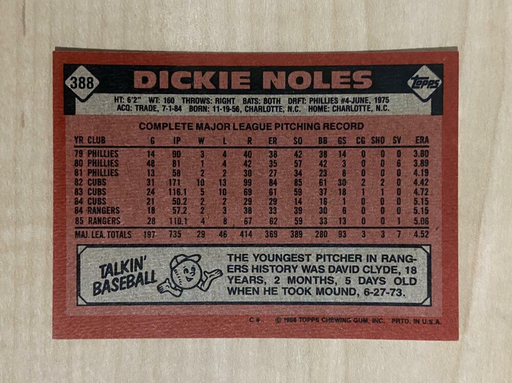 DICKIE NOLES TEXAS RANGERS SIGNED AUTOGRAPHED 1986 TOPPS CARD #388 W/COA