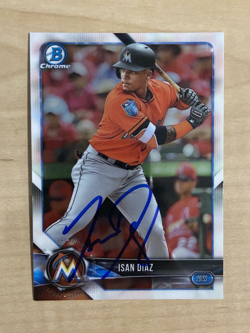 ISAN DIAZ MIAMI MARLINS SIGNED AUTOGRAPHED 2018 BOWMAN CARD #BCP204 W/COA