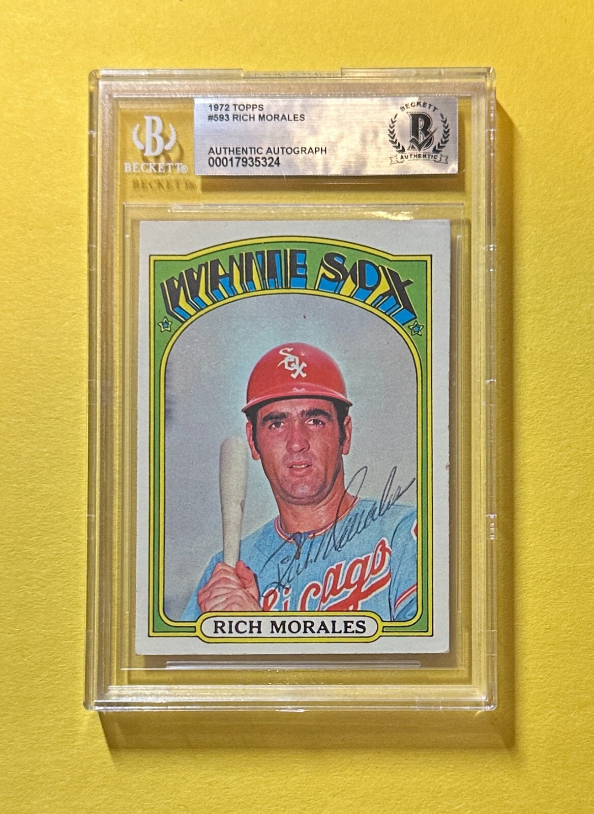 1972 TOPPS RICH MORALES #593 BECKETT AUTHENTIC SIGNED AUTOGRAPHED CARD WHITE SOX