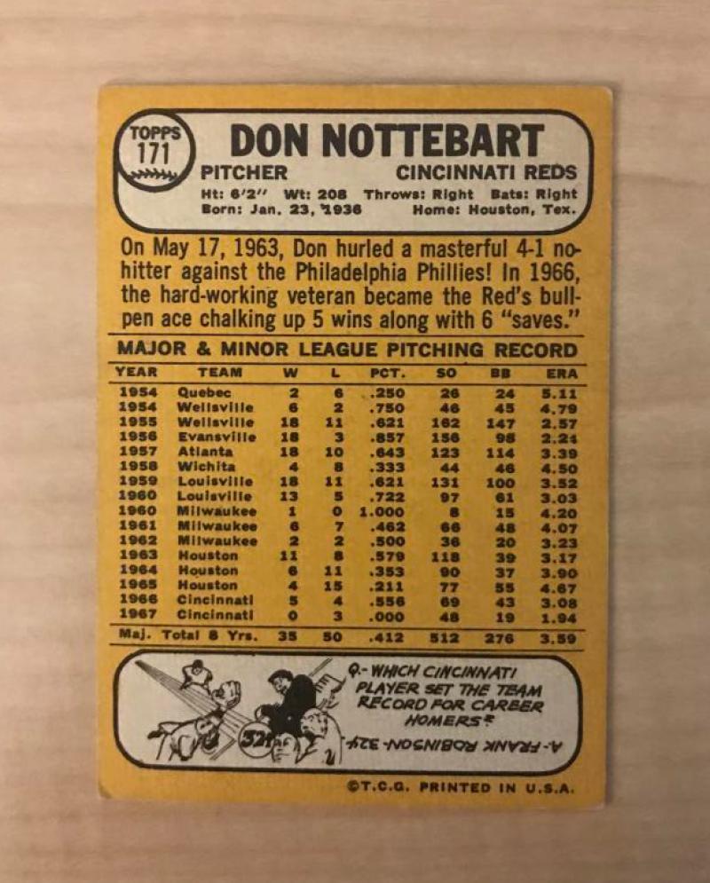 DON NOTTEBART CINCINNATI REDS SIGNED DECEASED 1968 TOPPS CARD #171 W/COA