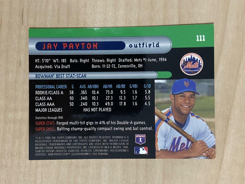 JAY PAYTON NEW YORK METS SIGNED AUTOGRAPHED 1996 BOWMANS BEST CARD #111 W/COA