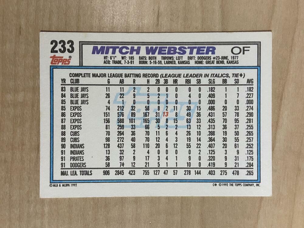 MITCH WEBSTER LOS ANGELES DODGERS SIGNED AUTOGRAPHED 1992 TOPPS CARD #233 W/COA