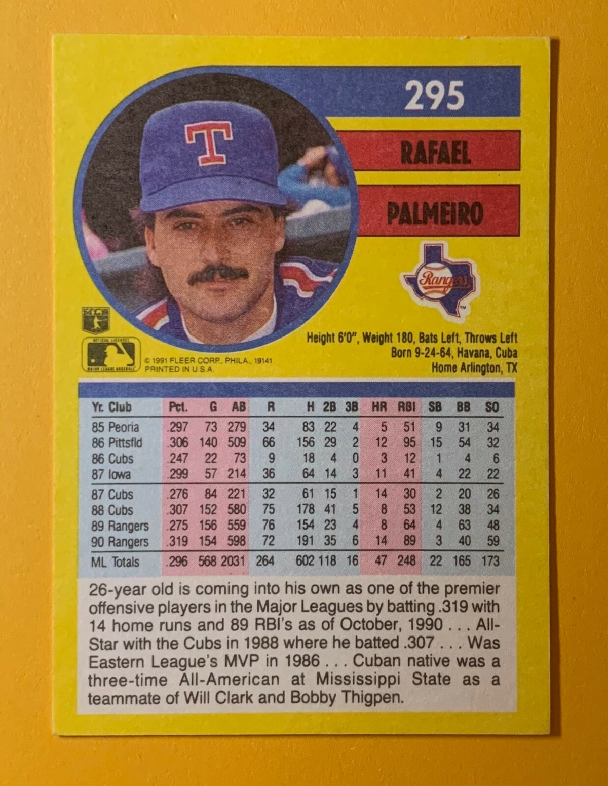 1991 FLEER RAFAEL PALMEIRO RANGERS #295 SIGNED AUTOGRAPHED CARD W/ COA