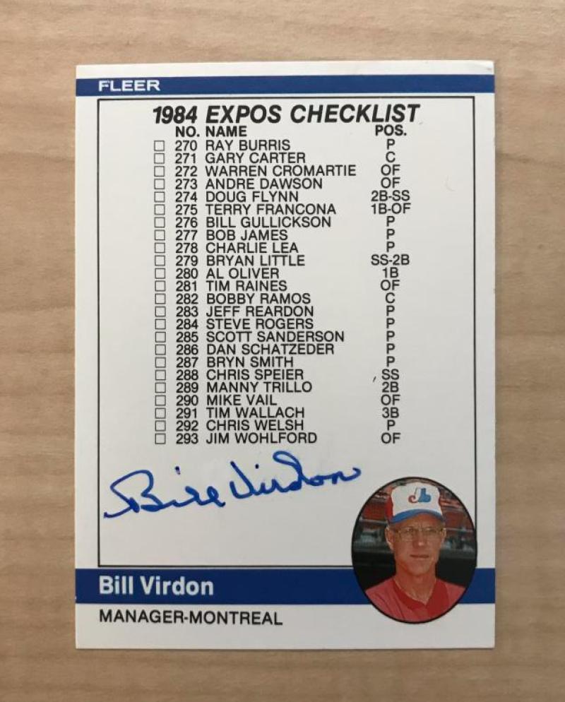 BILL VIRDON MONTREAL EXPOS SIGNED AUTOGRAPHED 1984 FLEER CARD #658 W/COA