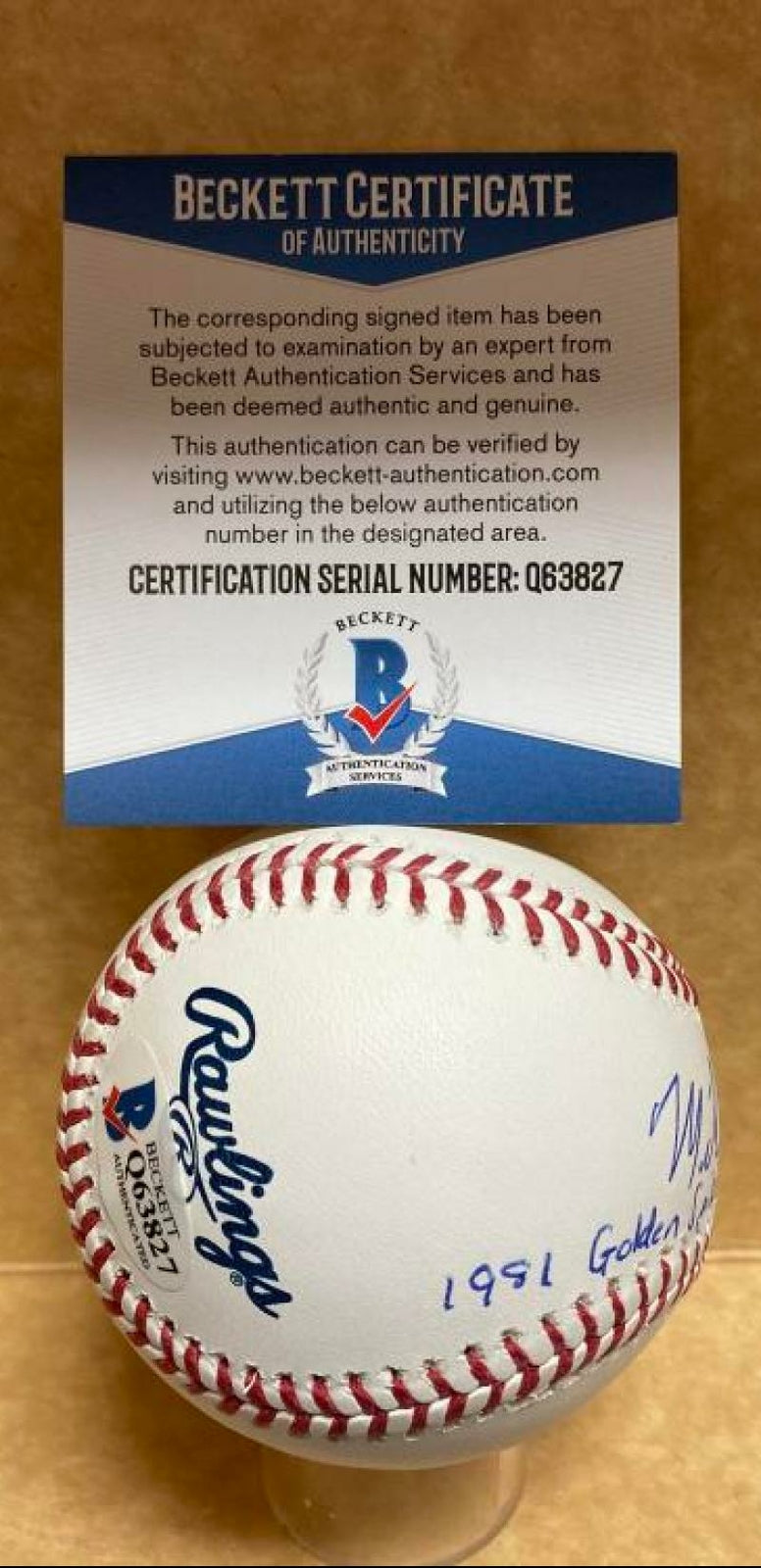 MIKE FUENTES 1981 GOLDEN SPIKES AWARD WINNER SIGNED M.L. BASEBALL BECKETT Q63827
