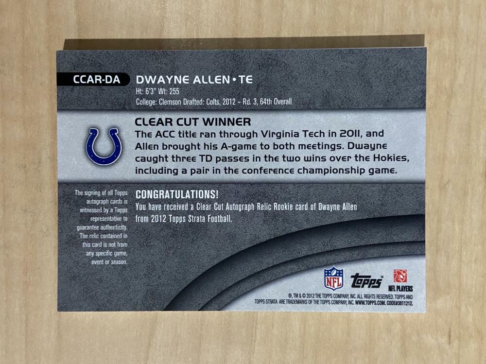 DWAYNE ALLEN INDIANAPOLIS COLTS SIGNED 2012 STRATA PATCH CARD #CCAR-DA