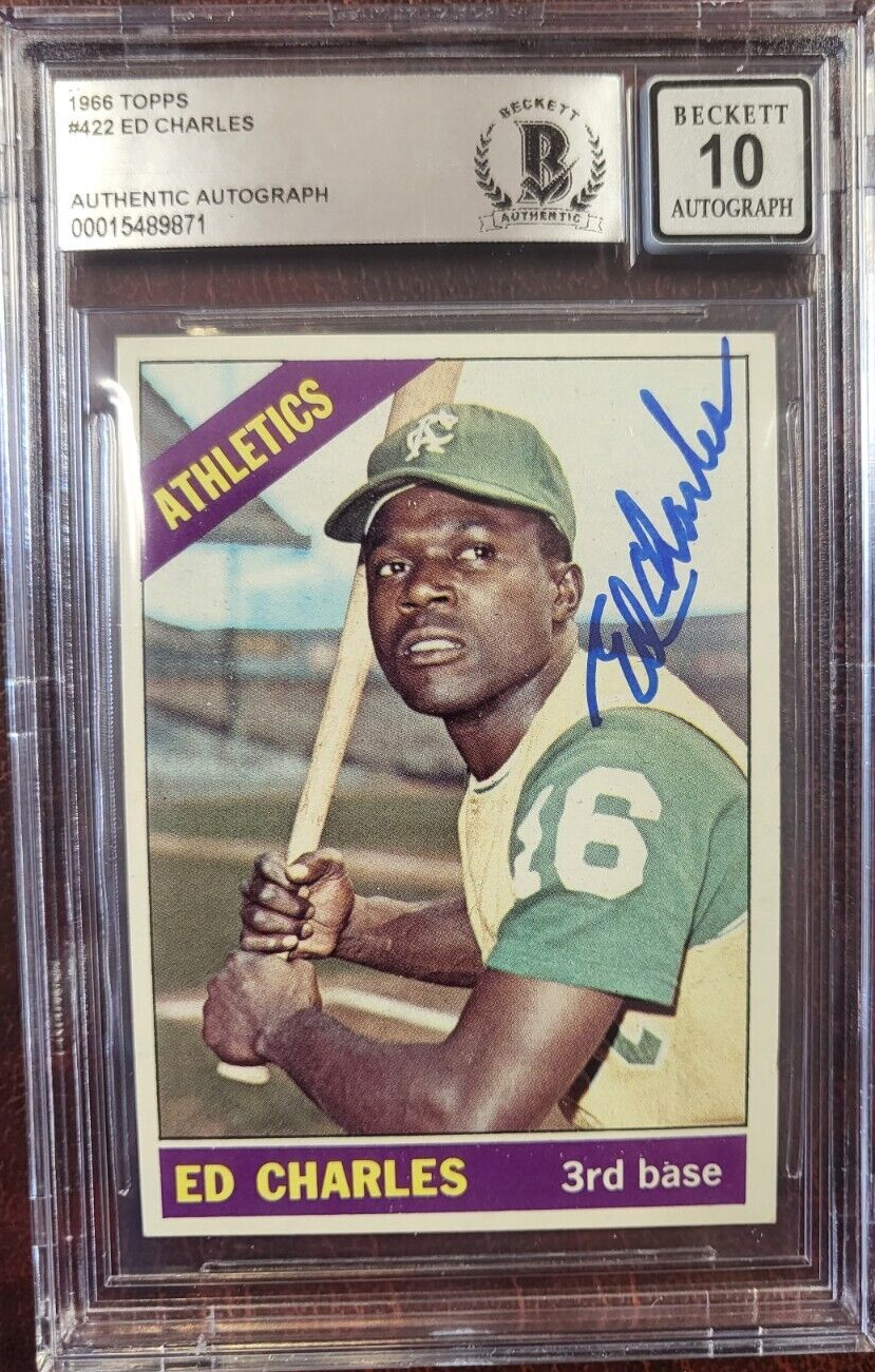 1966 TOPPS ED CHARLES ATHLETICS SIGNED AUTOGRAPH #422 CARD BECKETT 10 AUTO