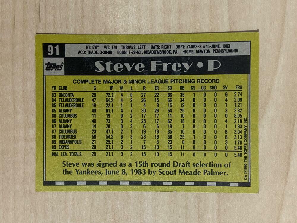 STEVE FREY MONTREAL EXPOS SIGNED AUTOGRAPHED 1990 TOPPS CARD #91 W/COA