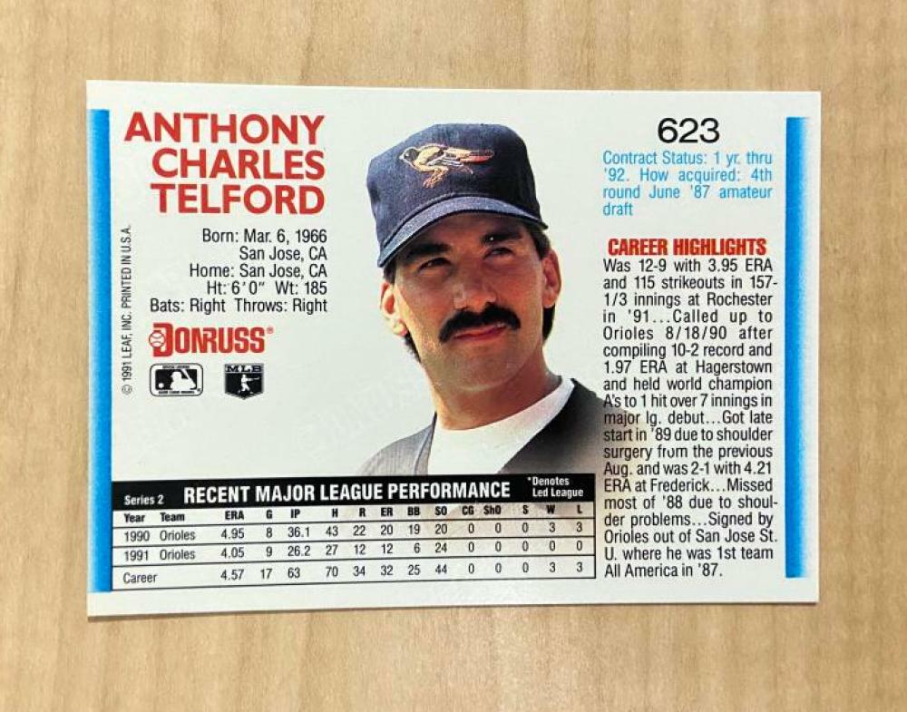 ANTHONY TELFORD BALTIMORE ORIOLES SIGNED 1992 DONRUSS CARD #623 W/COA